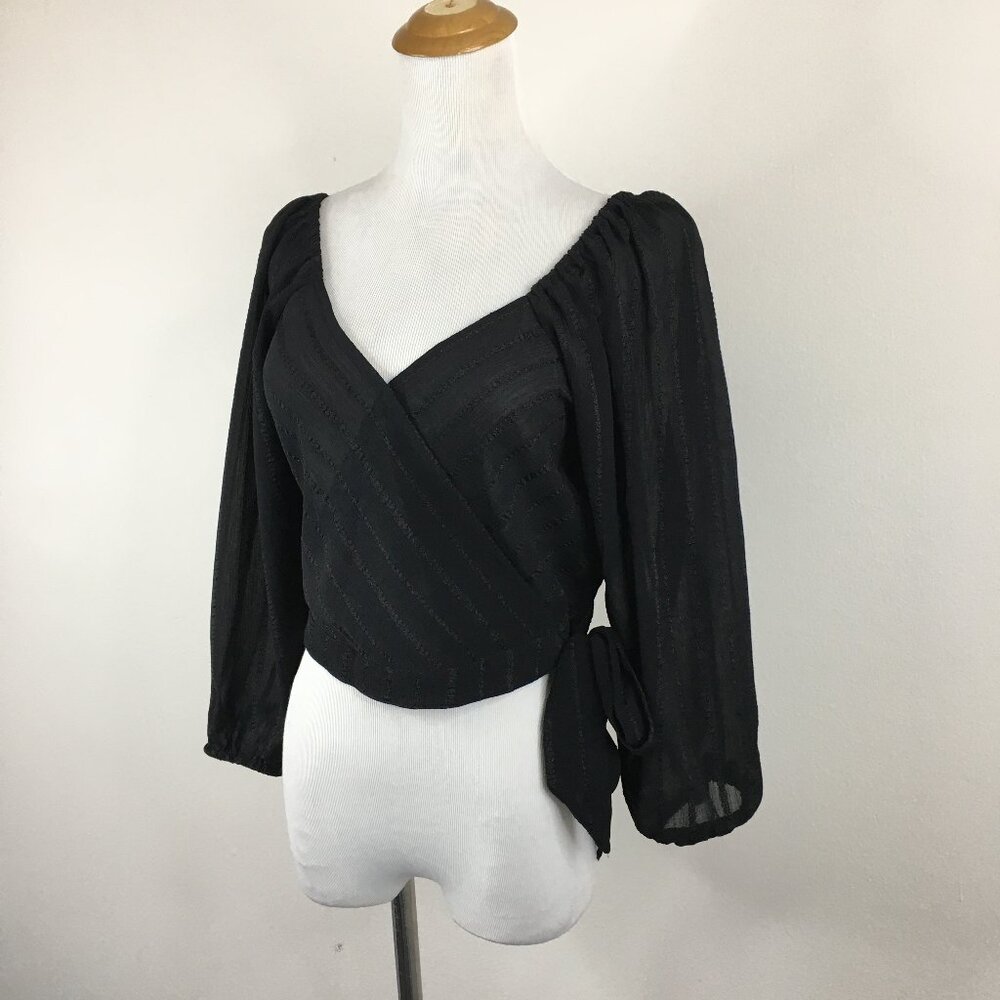 BCBGeneration Long Sleeve Black Sheer Textured Striped Belted Sheer Crop Shirt